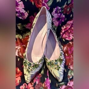 RADA Gold Brocade Kitten Heel Pumps w/ Green, Pearl Embellishments, EU Size 40